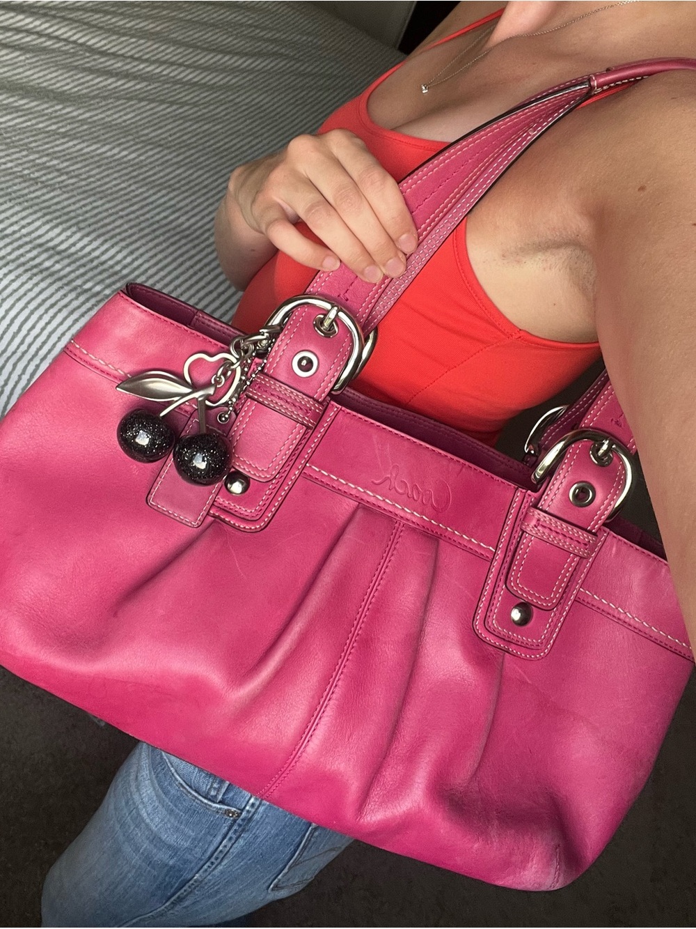 Coach Pink Leather Tote with Cherry Charm